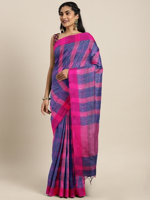 

KALINI Pink & Blue Poly Silk Checked Banarasi Saree