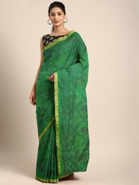 

KALINI Green Cotton Blend Dyed Bandhani Saree