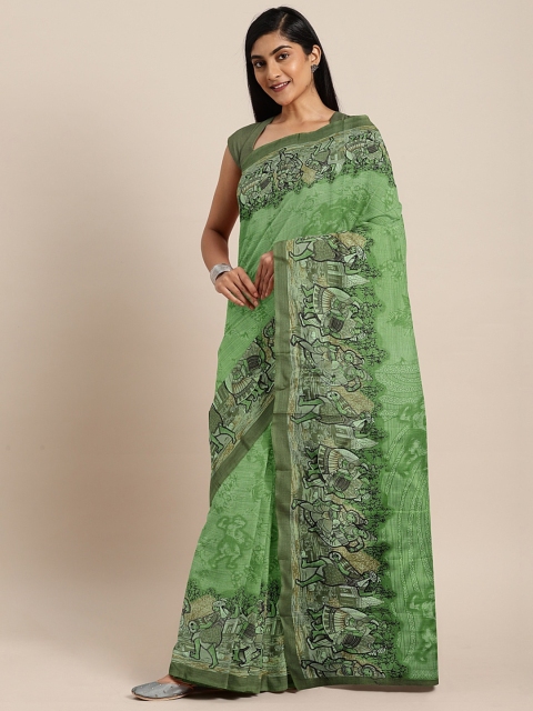 

KALINI Green Cotton Blend Printed Chanderi Saree