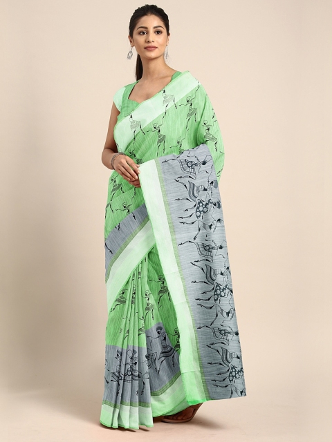 

Pavechas Green & Black Cotton Blend Printed Mangalagiri Saree