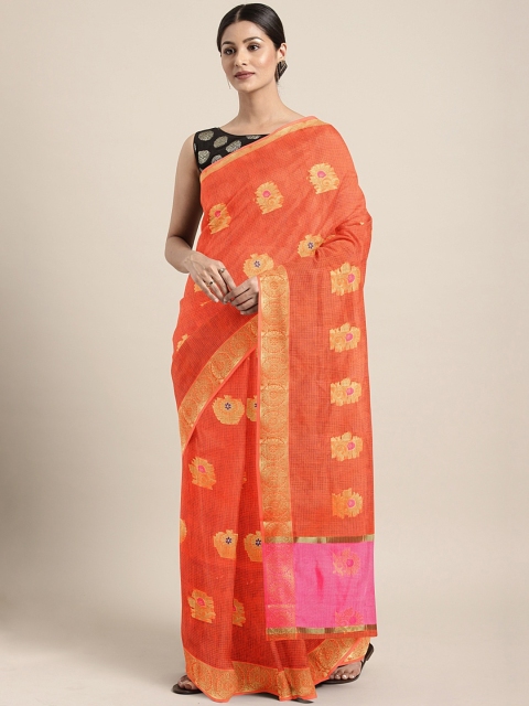 

Pavechas Orange & Golden Jute Cotton Woven Design Kota Saree