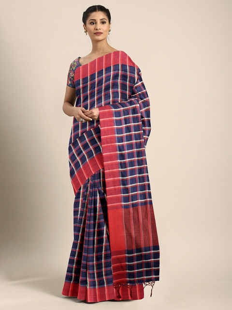 

Pavechas Navy Blue & Red Poly Silk Checked Banarasi Saree