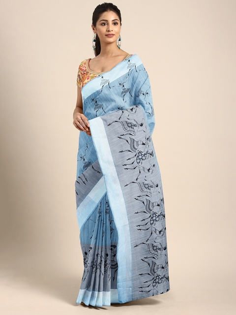 

Pavechas Blue & Black Cotton Blend Printed Mangalagiri Saree