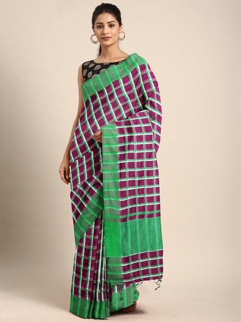 

Pavechas Burgundy & Green Poly Silk Checked Banarasi Saree