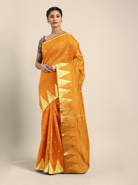 

Pavechas Mustard Yellow & Gold-Toned Poly Silk Woven Design Banarasi Saree