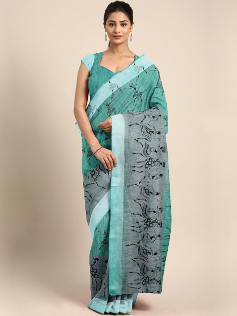 

Pavechas Teal Green & Black Cotton Blend Conversational Printed Mangalagiri Saree