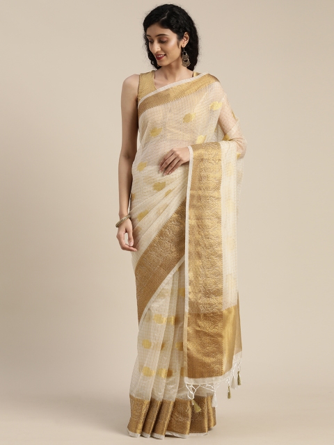 

Pavechas Off-White & Gold-Toned Jute Cotton Checked Kota Saree