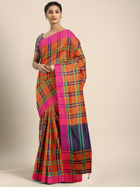 

Pavechas Orange & Green Poly Silk Checked Banarasi Saree