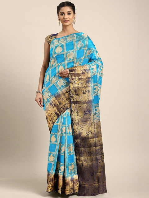 

Pavechas Blue & Gold-Toned Poly Silk Woven Design Tussar Saree