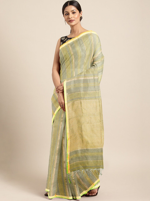 

Pavechas Yellow & Blue Jute Cotton Striped Kota Saree