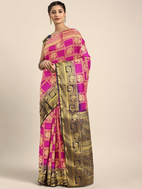 

Pavechas Pink & Gold-Toned Poly Silk Woven Design Tussar Saree