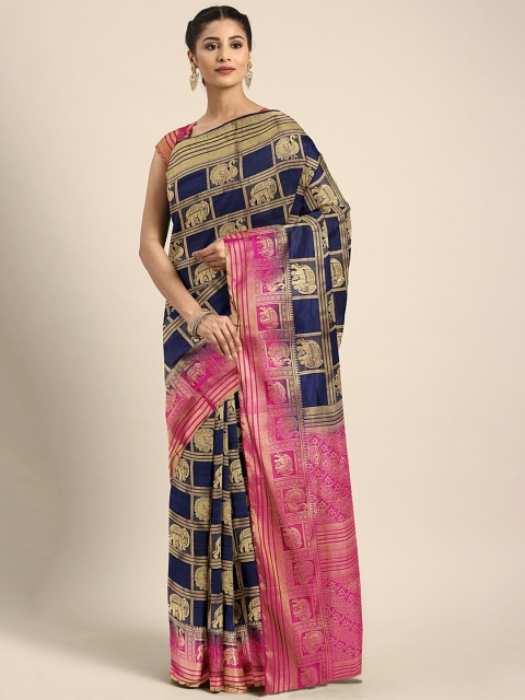 

Pavechas Navy Blue & Pink Poly Silk Woven Design Tussar Saree