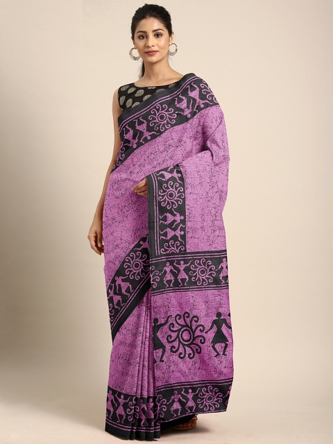 

Pavechas Purple & Black Cotton Blend Printed Mangalagiri Saree
