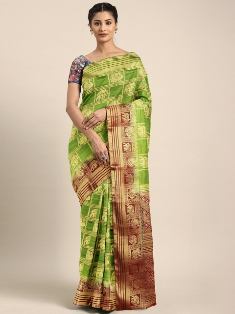 

Pavechas Green & Maroon Poly Silk Woven Design Tussar Saree