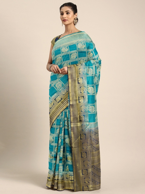 

Pavechas Teal Blue & Golden Poly Silk Woven Design Tussar Saree