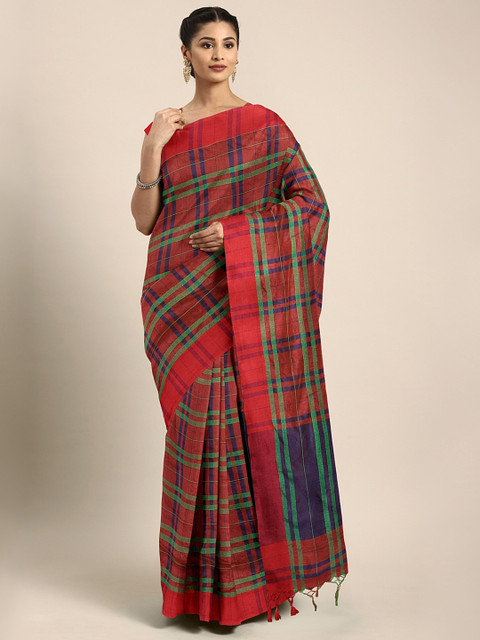 

Pavechas Red & Green Poly Silk Checked Saree