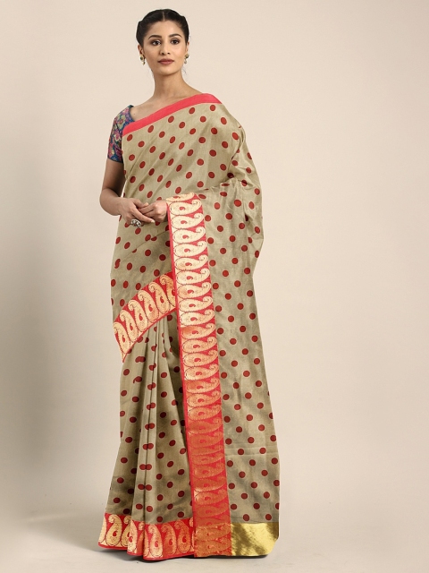 

Pavechas Beige & Red Poly Silk Polka Dot Printed Banarasi Saree