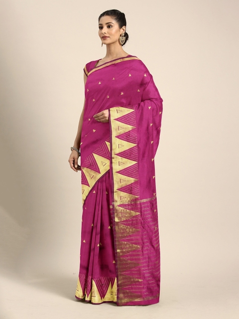 

Pavechas Pink & Gold-Toned Poly Silk Woven Design Banarasi Saree