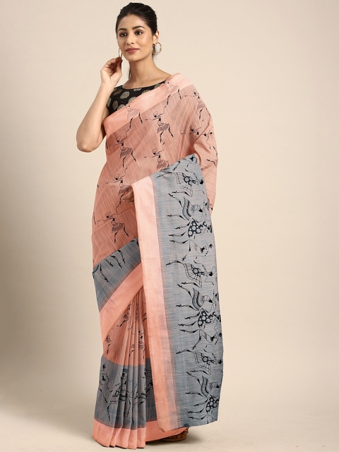 

Pavechas Peach-Coloured & Black Cotton Blend Conversational Printed Mangalagiri Saree