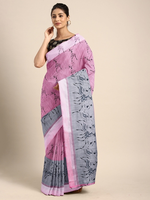 

Pavechas Pink & Black Cotton Blend Printed Mangalagiri Saree