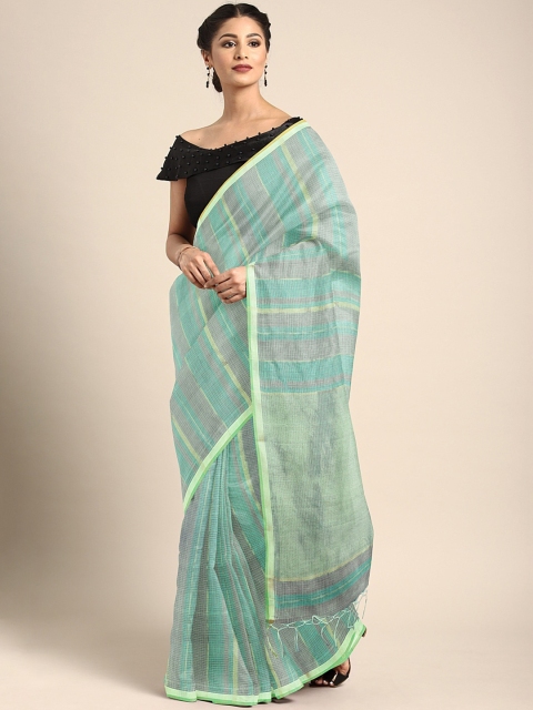 

Pavechas Turquoise Blue & Grey Jute Cotton Striped Kota Saree
