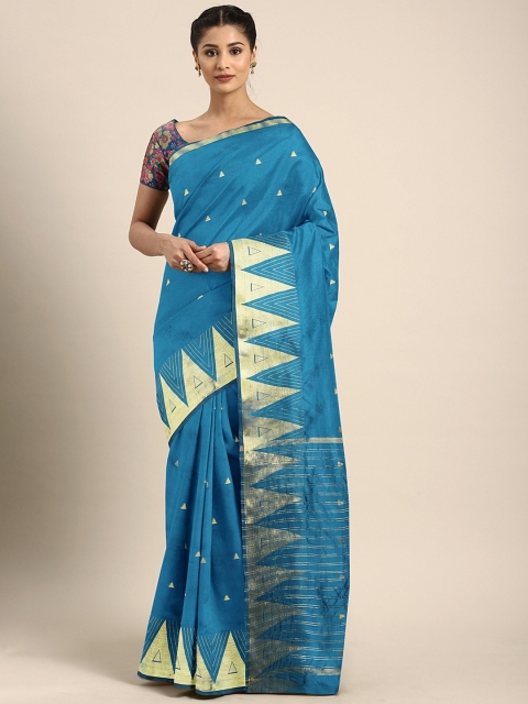 

Pavechas Blue & Gold-Toned Poly Silk Woven Design Banarasi Saree
