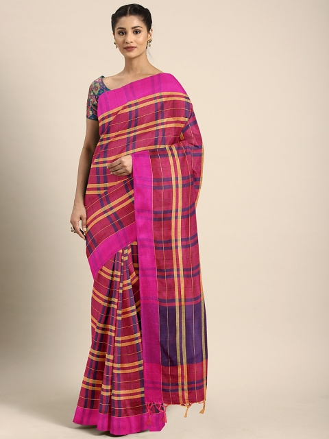 

Pavechas Pink & Navy Blue Poly Silk Checked Banarasi Saree