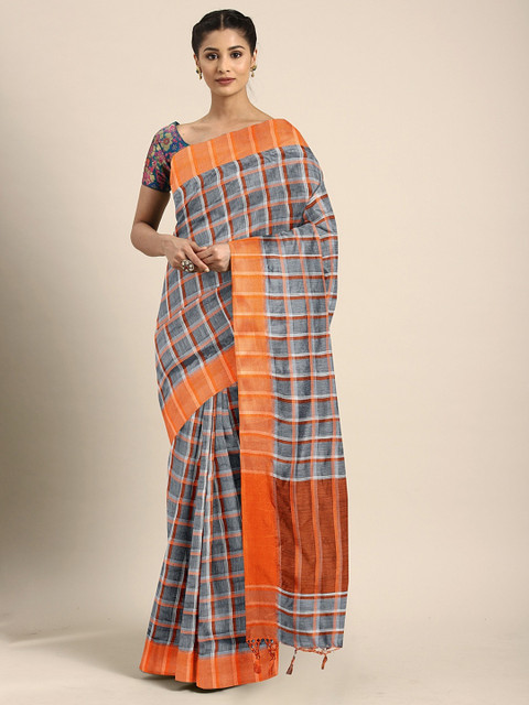 

Pavechas Grey & Orange Poly Silk Checked Banarasi Saree