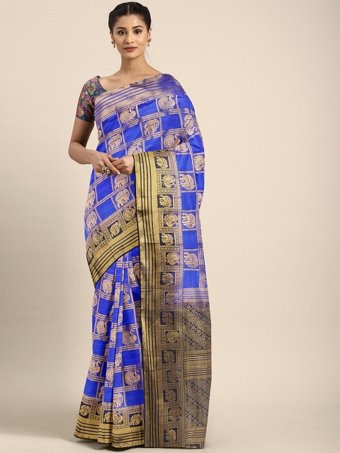 

Pavechas Blue & Gold-Toned Poly Silk Woven Design Tussar Saree