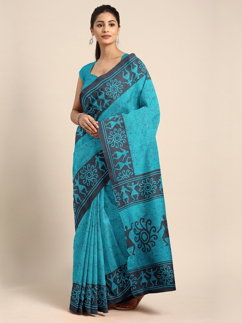 

Pavechas Blue & Black Cotton Blend Printed Mangalagiri Saree
