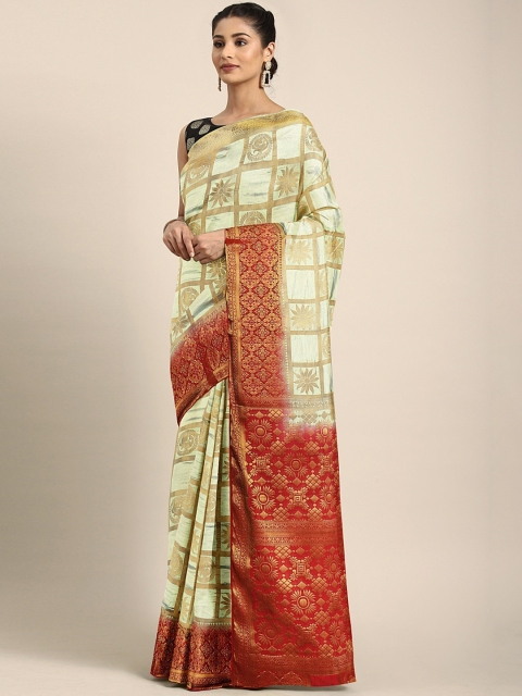 

Pavechas Off-White & Red Poly Silk Woven Design Tussar Saree