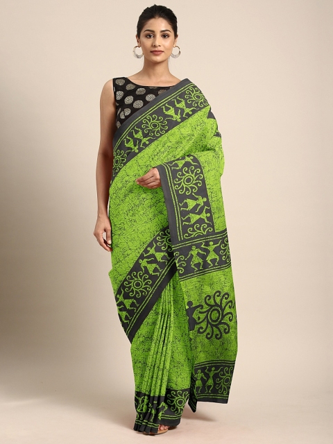 

Pavechas Green & Black Cotton Blend Printed Mangalagiri Saree