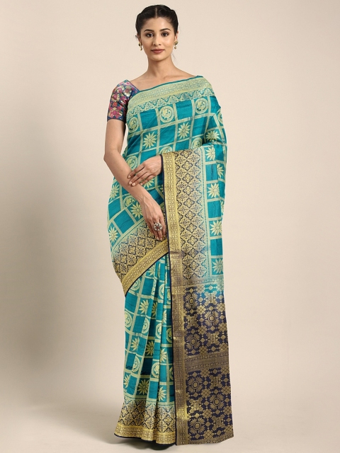 

Pavechas Teal Green & Golden Poly Silk Woven Design Tussar Saree