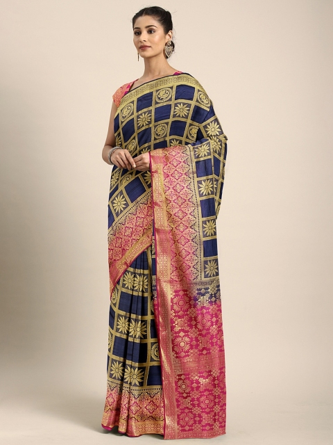 

Pavechas Navy Blue & Pink Poly Silk Woven Design Tussar Saree