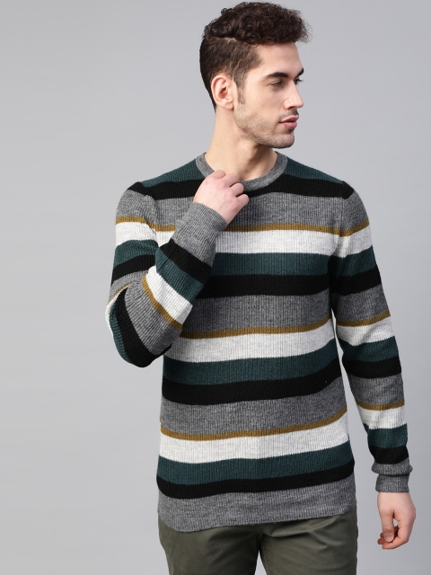 

Marks & Spencer Men Grey & Green Striped Pullover Sweater