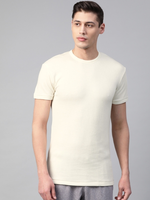 

Marks & Spencer Men Cream-Coloured Self-Striped Thermal Tshirt