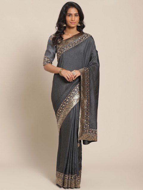 

Shangrila Creation Charcoal Grey Solid Saree