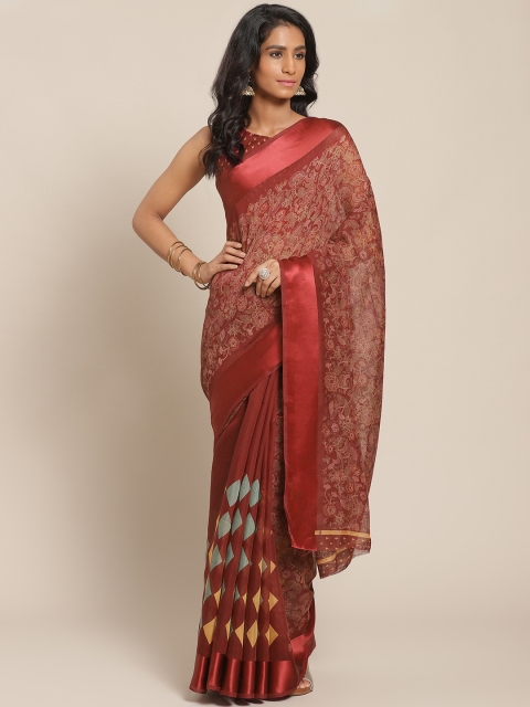 

Shangrila Creation Maroon & Green Floral Kalamkari Printed Saree
