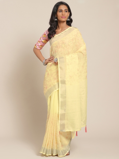 

Shangrila Creation Yellow & Peach-Coloured Floral Dori Work Embroidered Saree