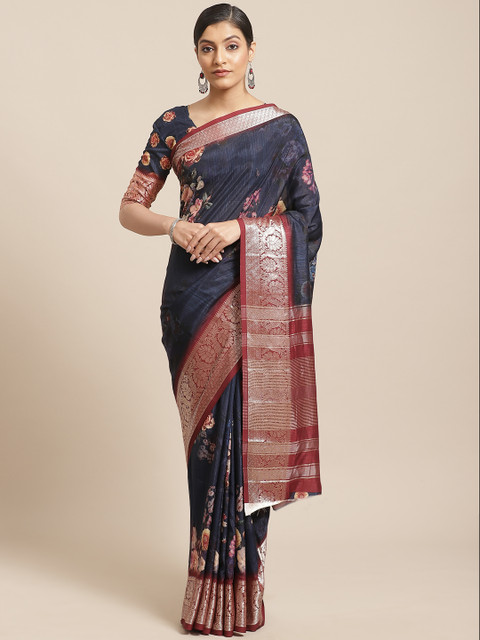 

Shangrila Creation Navy Blue & Beige Digital Printed Saree