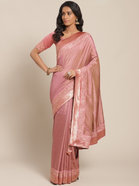 

Shangrila Creation Dusty Pink & Gold-Toned Swarouski Detailed Solid Saree