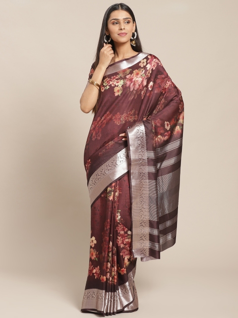 

Shangrila Creation Burgundy & Peach-Coloured Floral Printed Saree