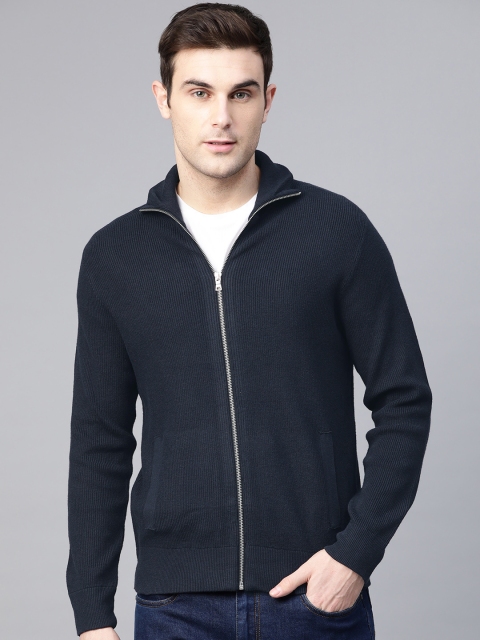 

Marks & Spencer Men Navy Blue Ribbed Cardigan Sweater