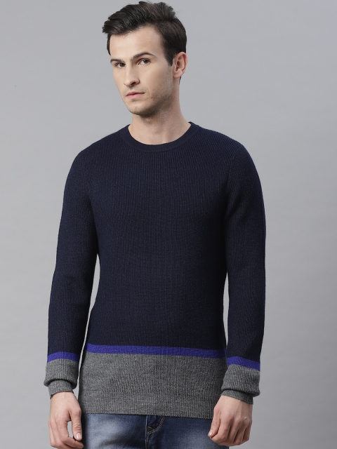 

Marks & Spencer Men Navy Blue & Charcoal Grey Colourblocked Pullover