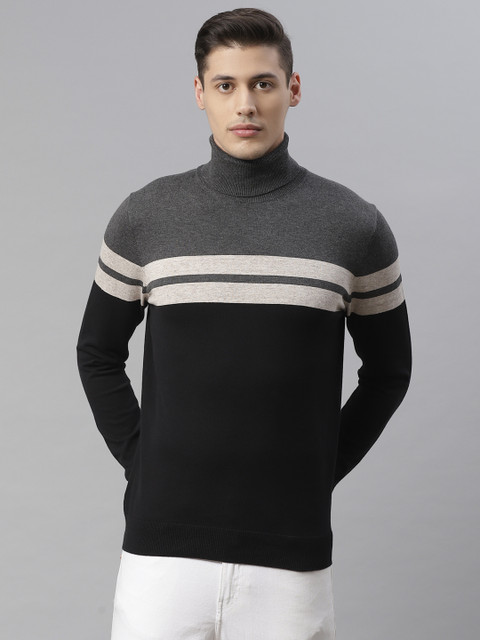 

Marks & Spencer Men Grey & Black Striped Turtle Neck Pullover