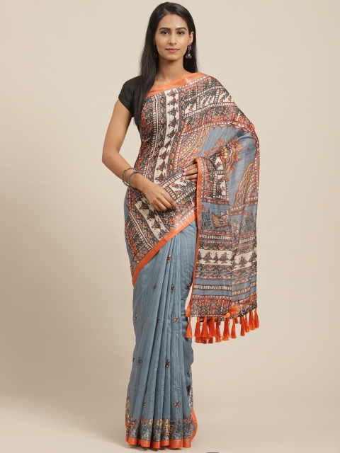 

VASTRANAND Blue & Orange Madhubani Kalamkari Print Saree