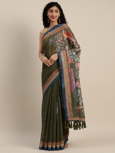 

VASTRANAND Olive Green & White Linen Blend Printed Madhubani Saree