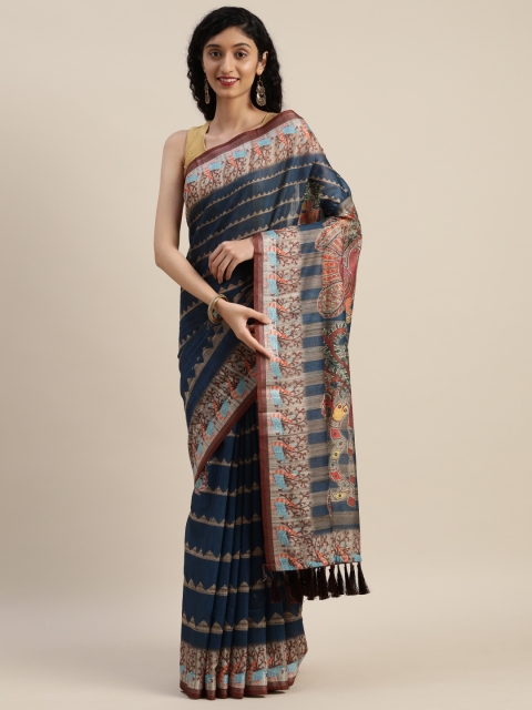 

VASTRANAND Blue & Beige Linen Blend Printed Saree