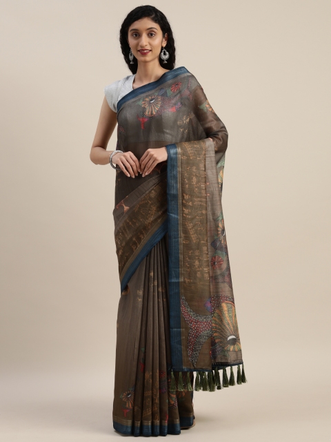 

VASTRANAND Coffee Brown & Beige Linen Blend Printed Saree