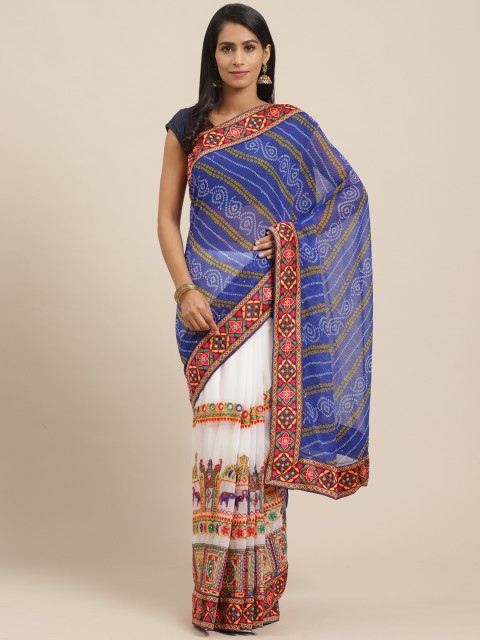 

VASTRANAND Blue & White Printed Half & Half Bandhani Saree